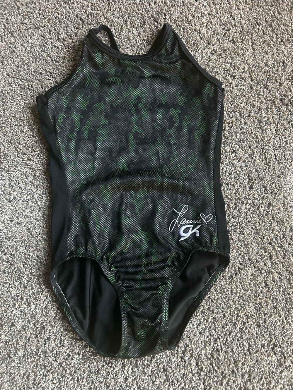GK Girls Black and Green Camouflage Gymnastics Leotard